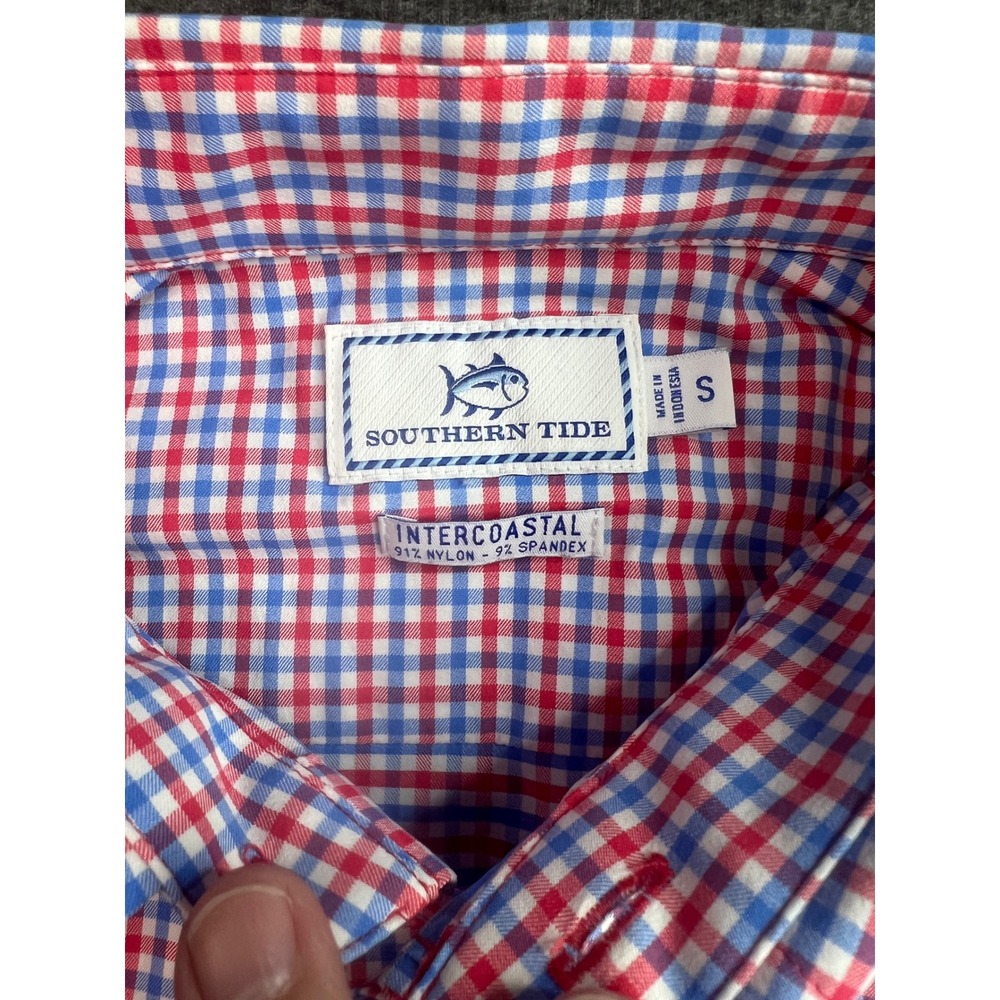 Southern Tide Intercoastal Mens Small Red Blue Gingham Stretch Button Down Shirt - Picture 6 of 12